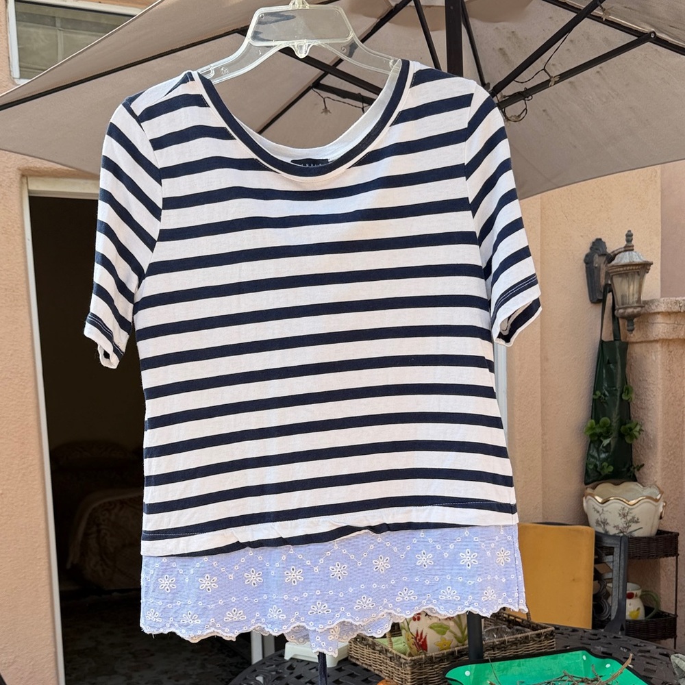 Sanctuary Navy and White Striped Top with Lace Hem